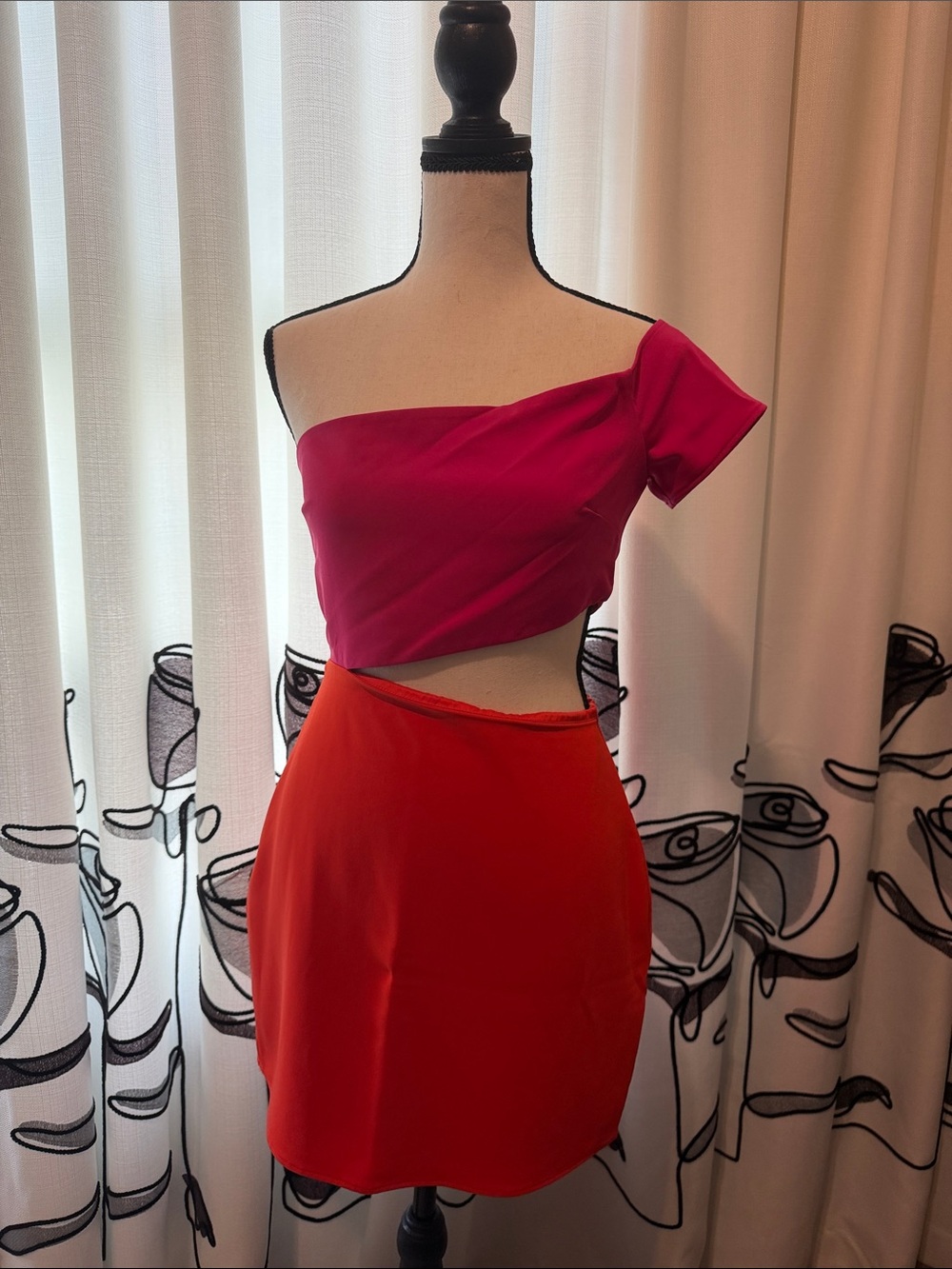 Lovers + Friends One-Shoulder Colorblock Mini Dress in Fuchsia and Red-Orange